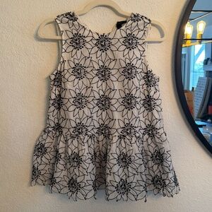 J.Crew Pendulum Top – White with Dark Navy/Black Floral Embroidery